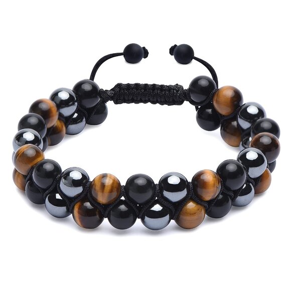 Triple Protection Bracelet 8mm Beads Tigers Eye Obsidian Hematite Men Women